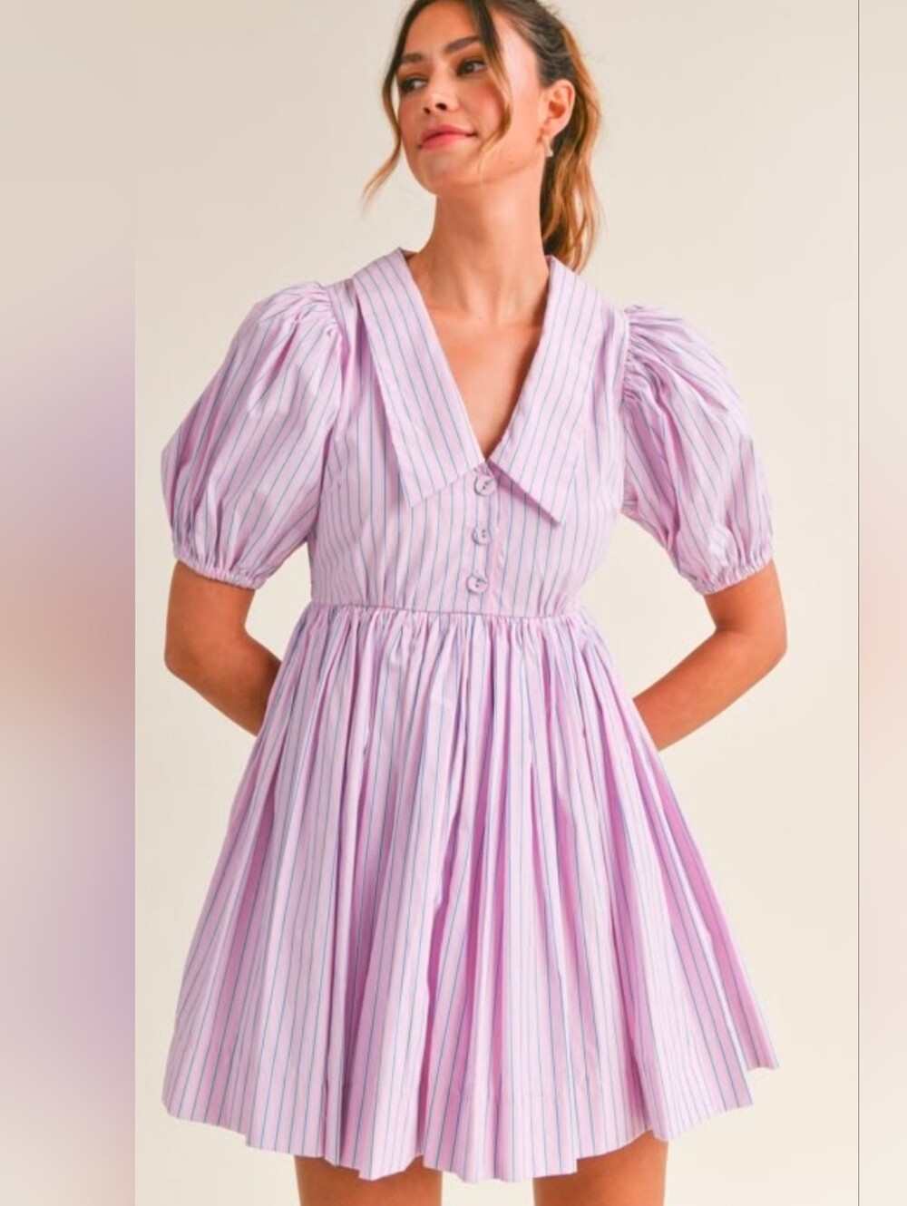 MABLE Striped Puff-Sleeve Mini Dress in Light Lilac